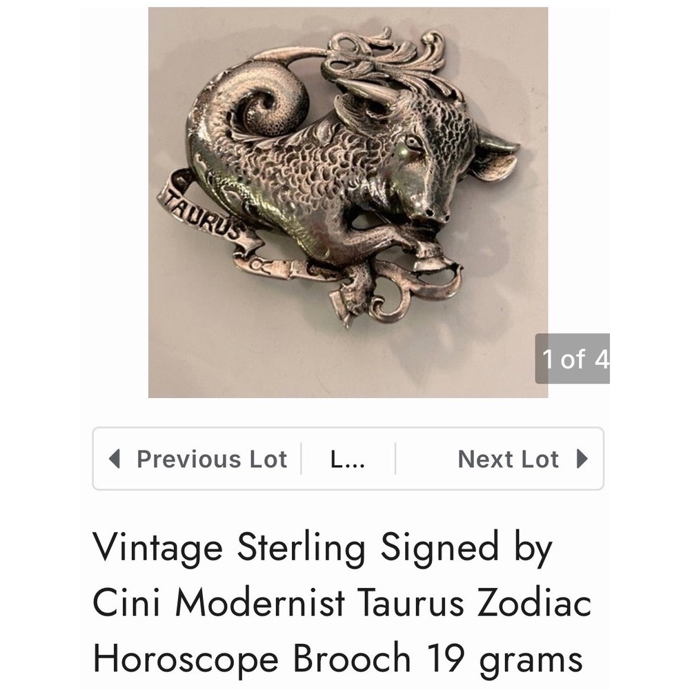 Vintage Cini Sterling Taurus Zodiac Brooch 1940s Signed Bull Figural 19g